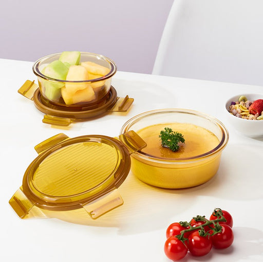 MCR 1196 - Lock & Lock Crystal Amber Round Glass Food Container 2-Piece Set
