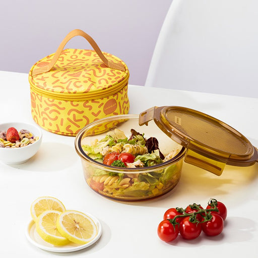 MCR 7088- Lock & Lock Crystal Amber Round Glass Food Container 2-Piece Set [1000ml]