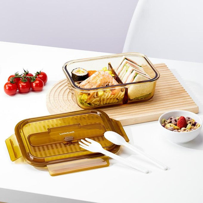 MCR 9200 - Lock & Lock Amber Rectangular Three-Compartment Glass Food Container [1000ml]