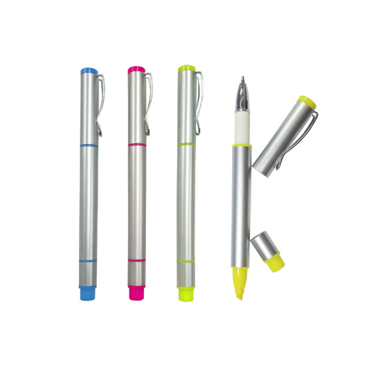 Metallic plastic pen with highlighter