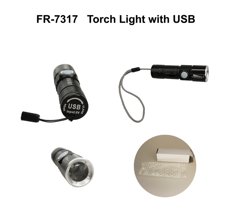 Torch light with USB rechargeable battery and strap