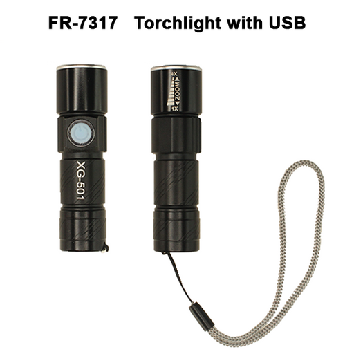 Torch light with USB rechargeable battery and strap