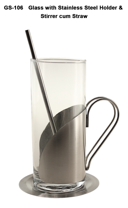 Glass with Stainless Steel Holder & Stirrer cum Straw