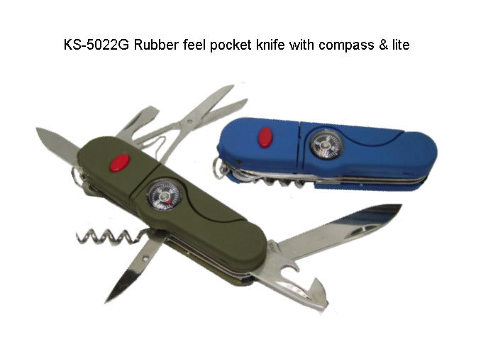 Rubber Feel Pocket Knife with Compass & Lite