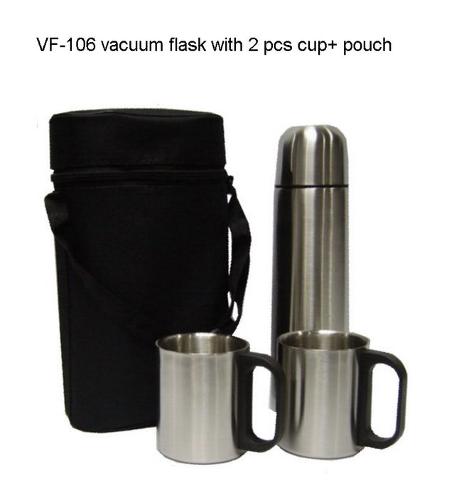 Stainless Steel Vacuum Flask with 2 Cups & Pouch