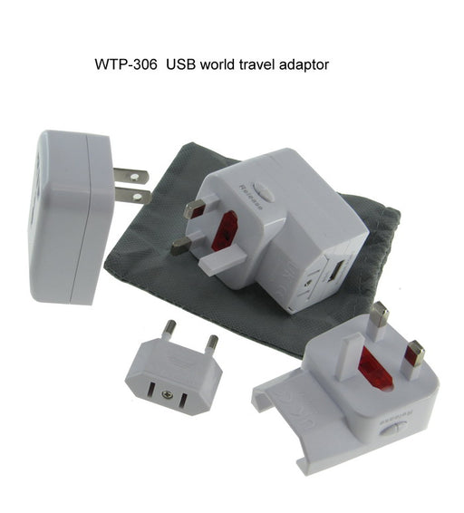World Travel Adaptor with USB port and pouch packaging